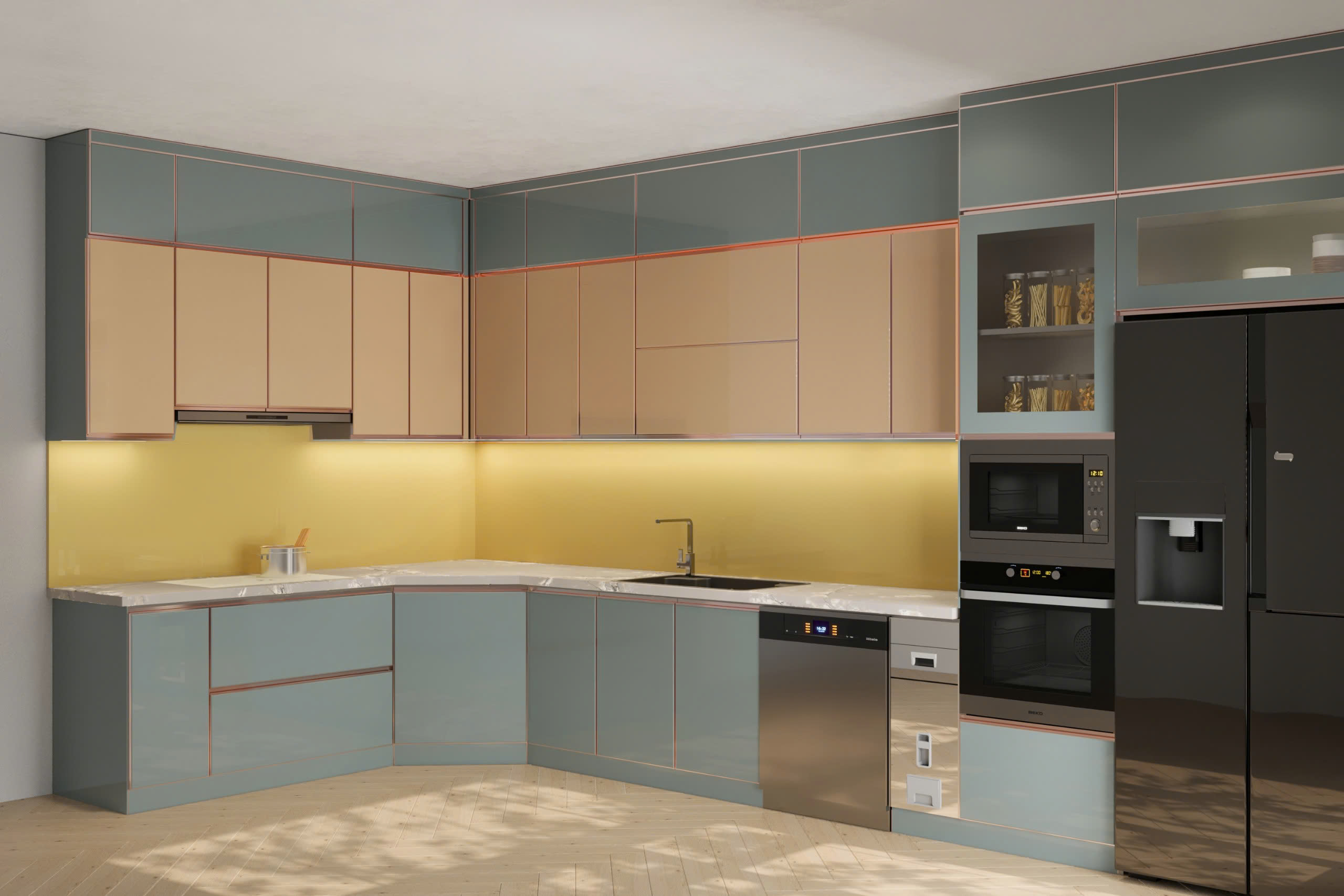 Ưu điểm nổi bật của tủ bếp inox cánh kính so với tủ gỗ truyền thống